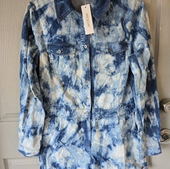 Mebon Machine Chambray Romper Jumpsuit Women L Blue Denim LongSleeve Tye Dye - Picture 10 of 16